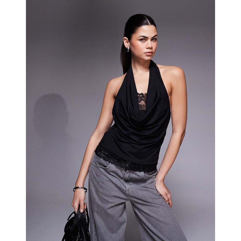 ASOS DESIGN cowl neck top with lace double layer peek a boo in