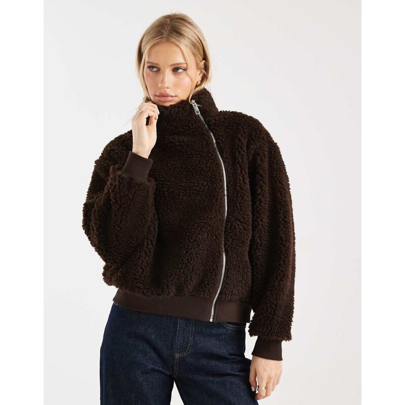 ASOS DESIGN funnel neck borg jacket in chocolate-Black 111321938