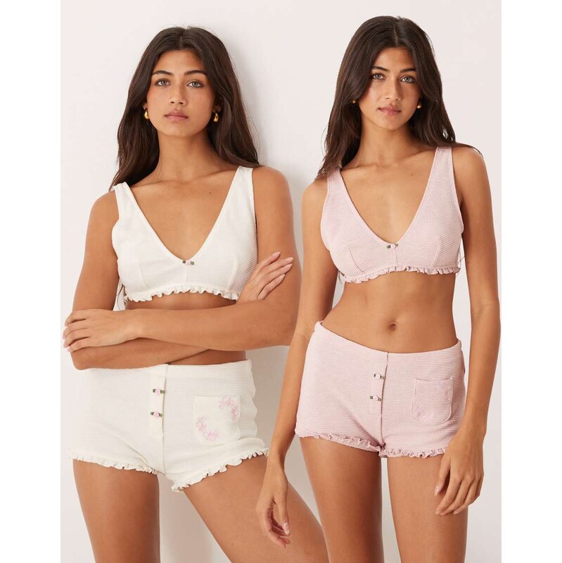 ASOS DESIGN 2 pack waffle high apex soft bra with rosebud detail in 111324196