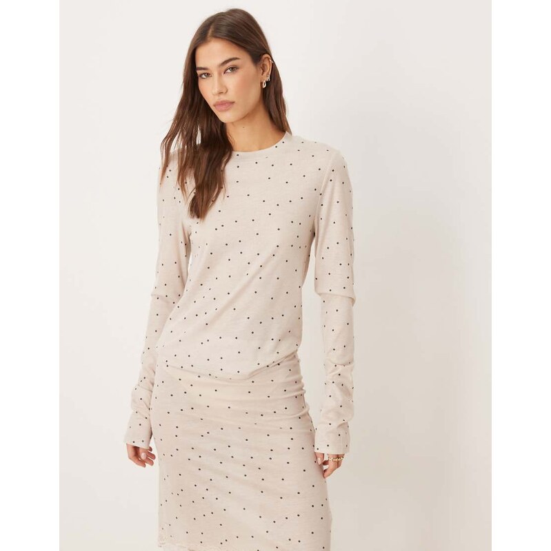 ASOS DESIGN Honey slinky polka dot longsleeve pyjama top in cream 113263467