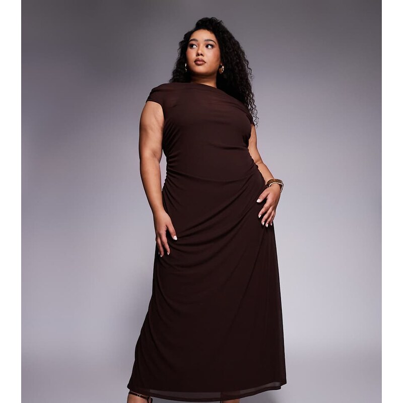 Forever New curve double layered mesh midaxi dress in chocolate brown 113263582