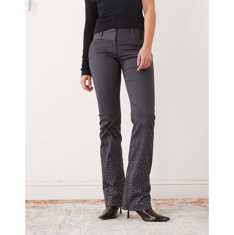 Monki rhinestone embellished tailored stretch flared trousers in