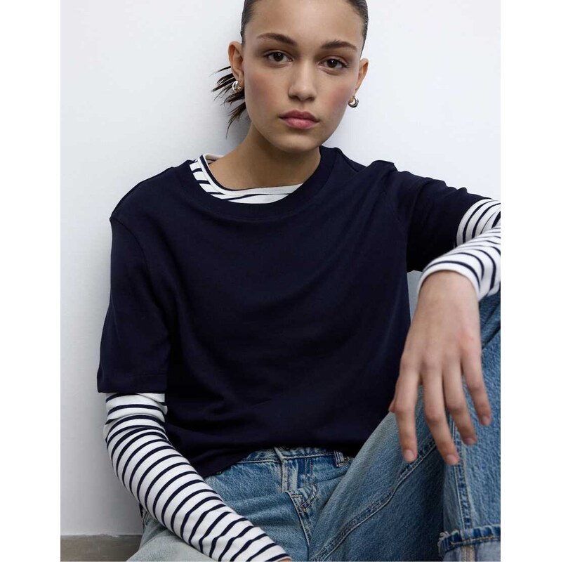 Stradivarius Basic regular fit heavy weight t-shirt in dark blue-Navy 111336092