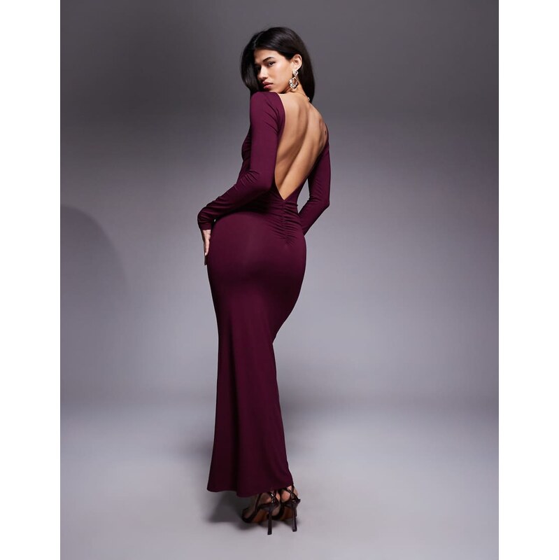 ASOS DESIGN plunge back maxi slash neck dress in burgundy-Red