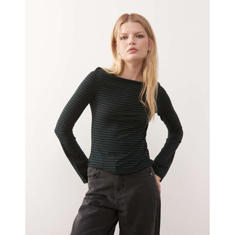 Weekday Annie soft boat neck long sleeve top in forest green