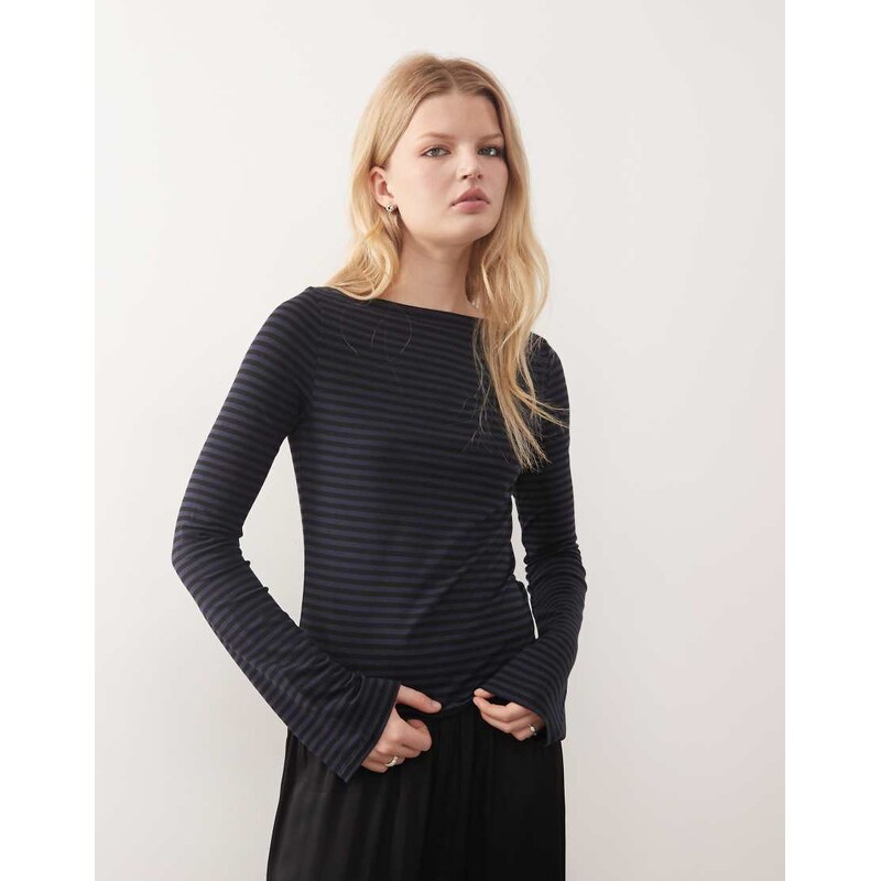 Weekday Annie soft boat neck long sleeve top in navy stripe