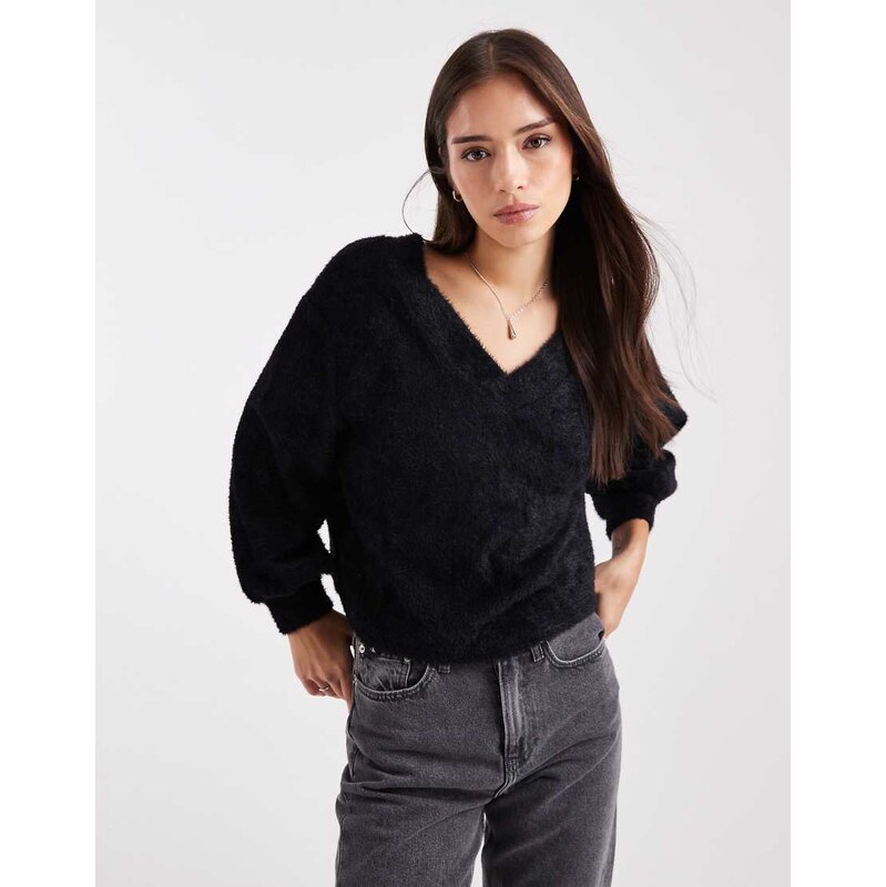 Miss Selfridge fluffy off the shoulder slouchy sweat in black