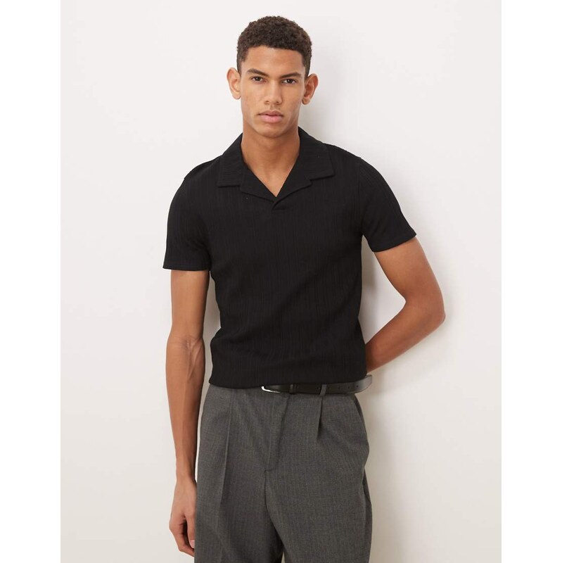 ASOS DESIGN heavyweight muscle fit revere polo in black rib