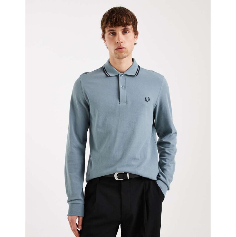 Fred Perry long sleeve polo shirt in blue with black tipping