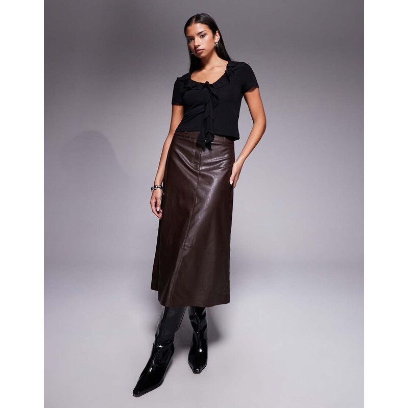 Forever New leather look a line midi skirt in dark chocolate brown-Red 113369608