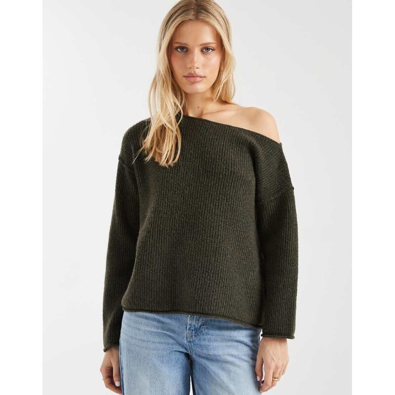 Miss Selfridge asym off the shoulder slouchy cosy knit jumper in olive 115518303