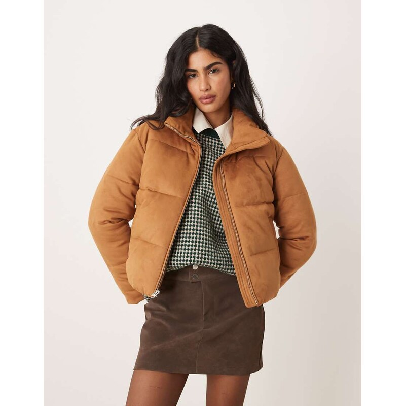 Abercrombie & Fitch vegan suede short puffer jacket in camel
