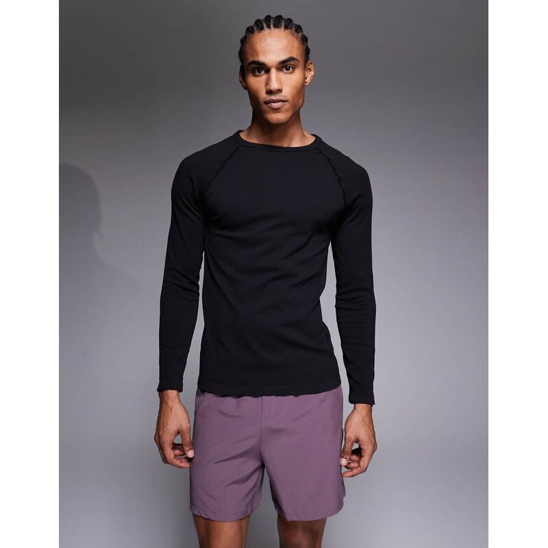 4505 seamless rib slim fit long sleeve raglan top in black