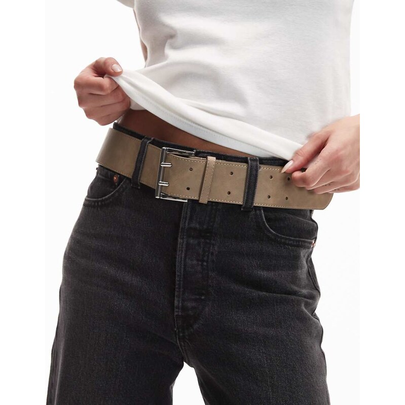 ASOS DESIGN low waist belt with double square prong in mushroom