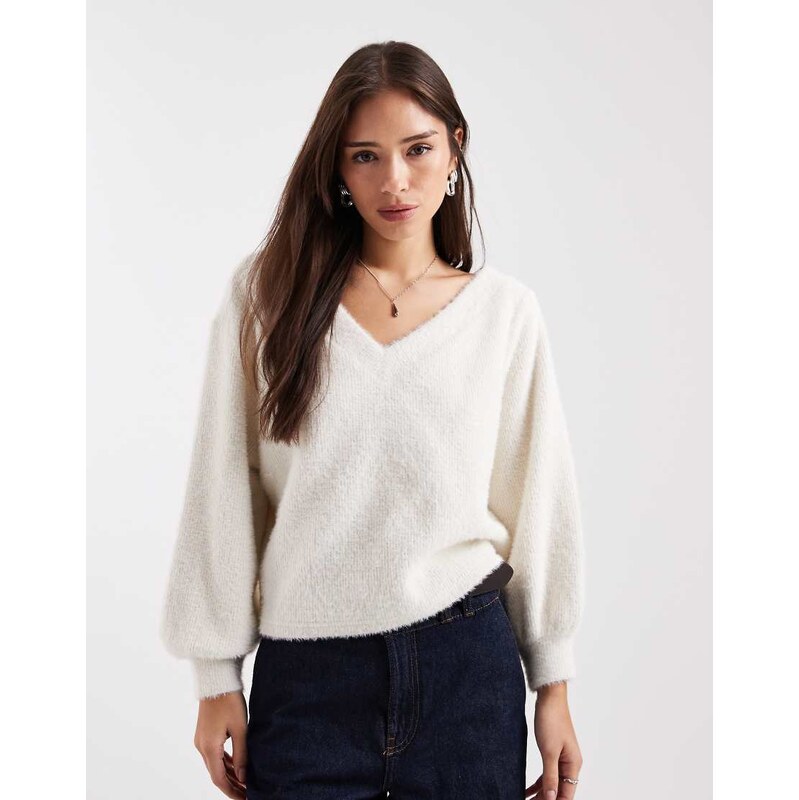 Miss Selfridge fluffy off the shoulder slouchy sweat in cream-White 115515238