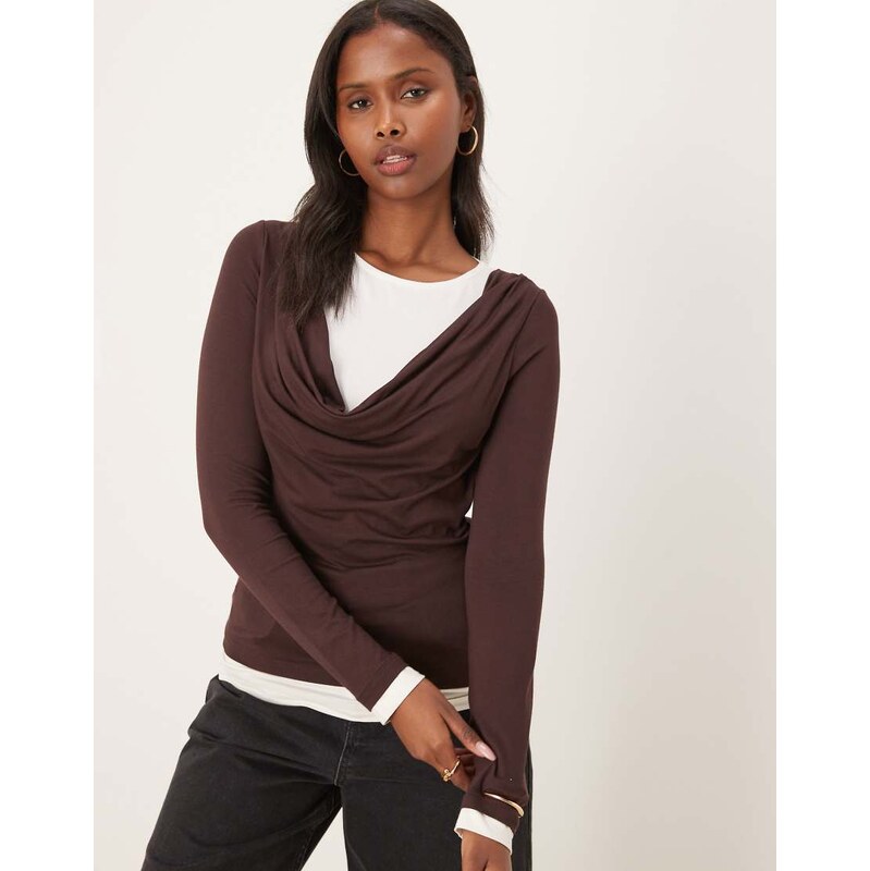 ASOS DESIGN cowl neck double layered top in chocolate-Brown