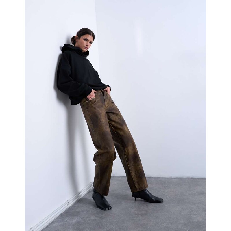 Topshop faux leather washed brown straight leg trouser in brown