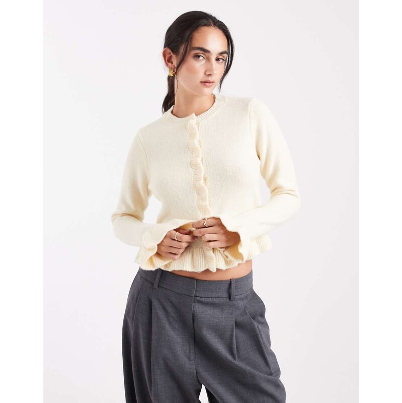 Brave Soul crew neck knitted cardigan with frill cuffs and hem
