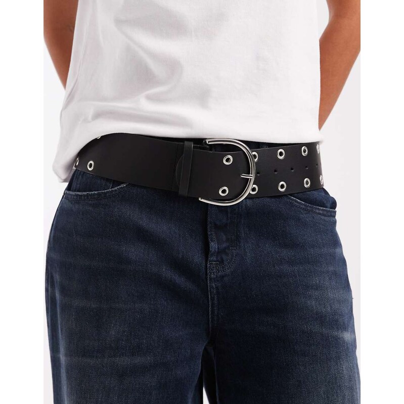 ASOS DESIGN wide low waist belt with eyelet detail in black 111335913