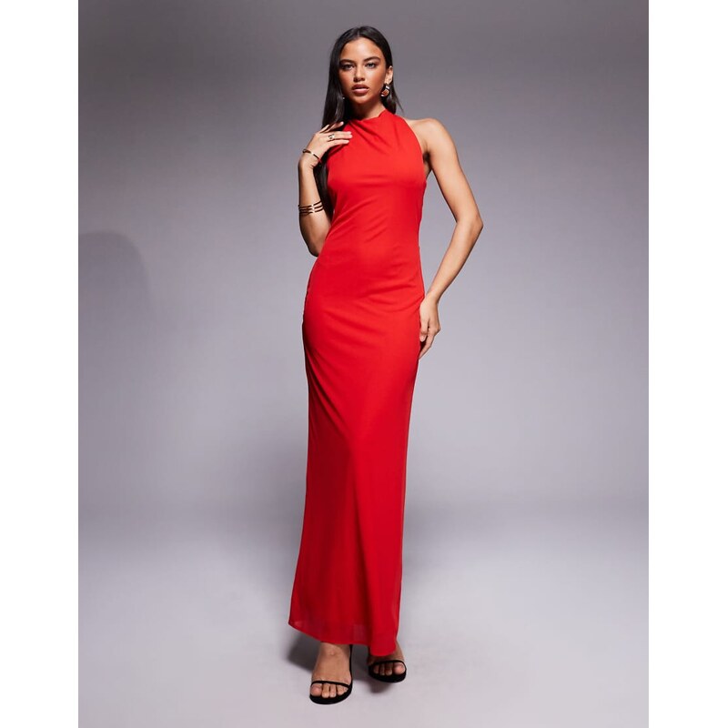 Forever New high cowl neck knot drape detail back maxi dress in red 114994089