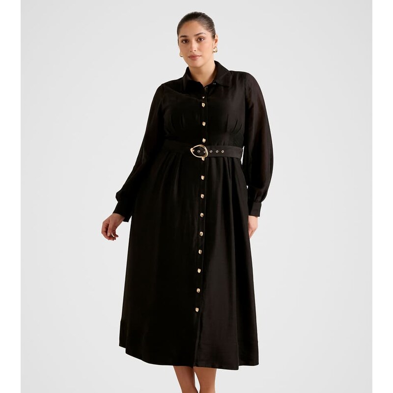 Forever New Curve belted seam detail shirt midi dress in black 112484556