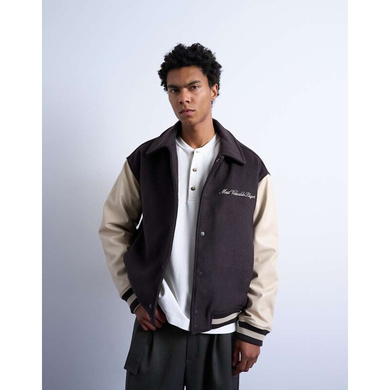 Topman embroidered varsity jacket in brown
