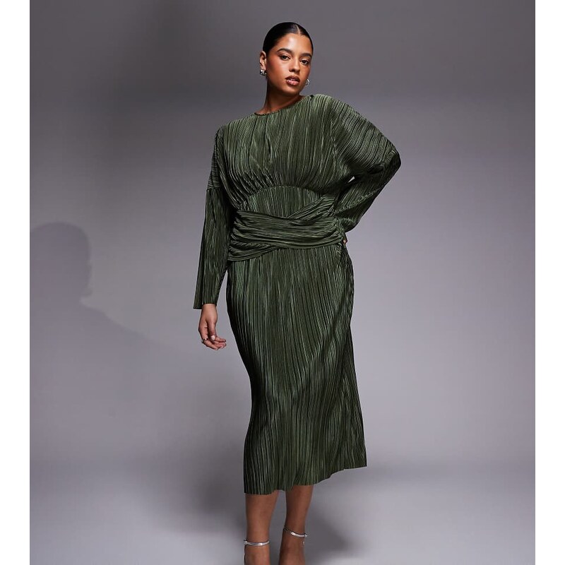 ASOS Curve ASOS DESIGN Curve plisse long sleeve drape waist midi dress 112068949