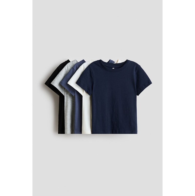 H&M - Bavlněné tričko 5 kusů - Modrá/Světle Šedý Melír