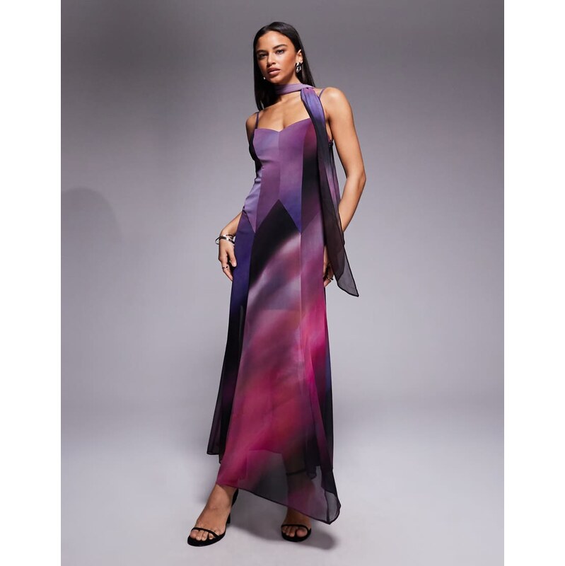 Forever New scarf neck cami strap hanky hem maxi dress in purple ombre 111329823