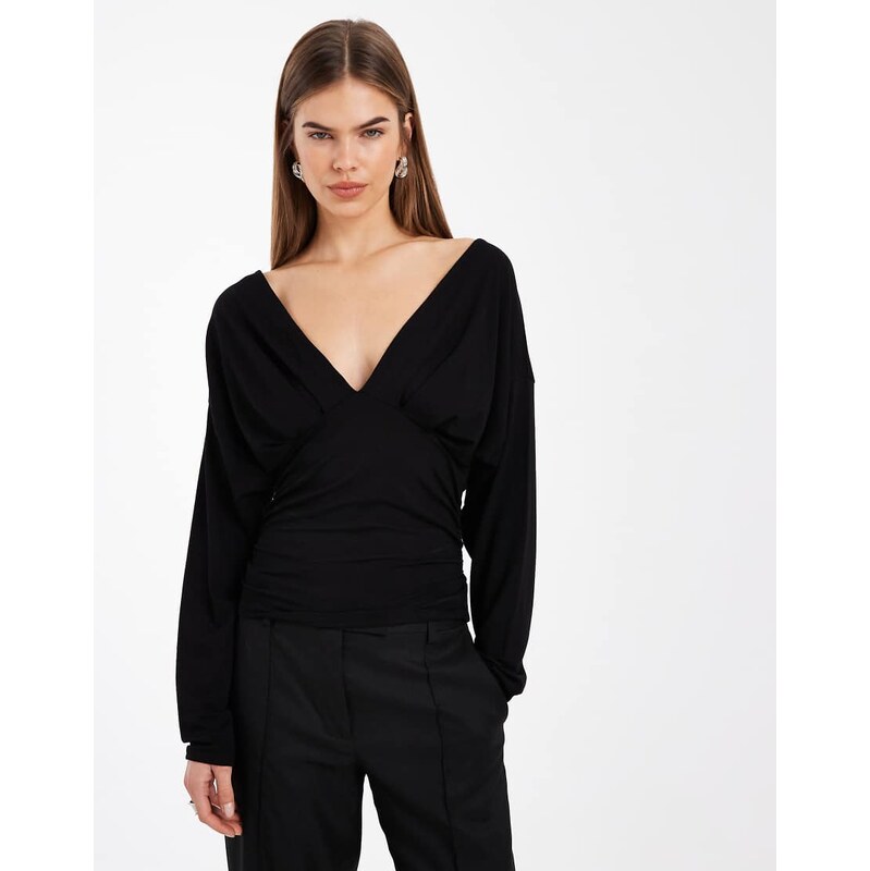 ASOS DESIGN plunge neck batwing cinched top in black