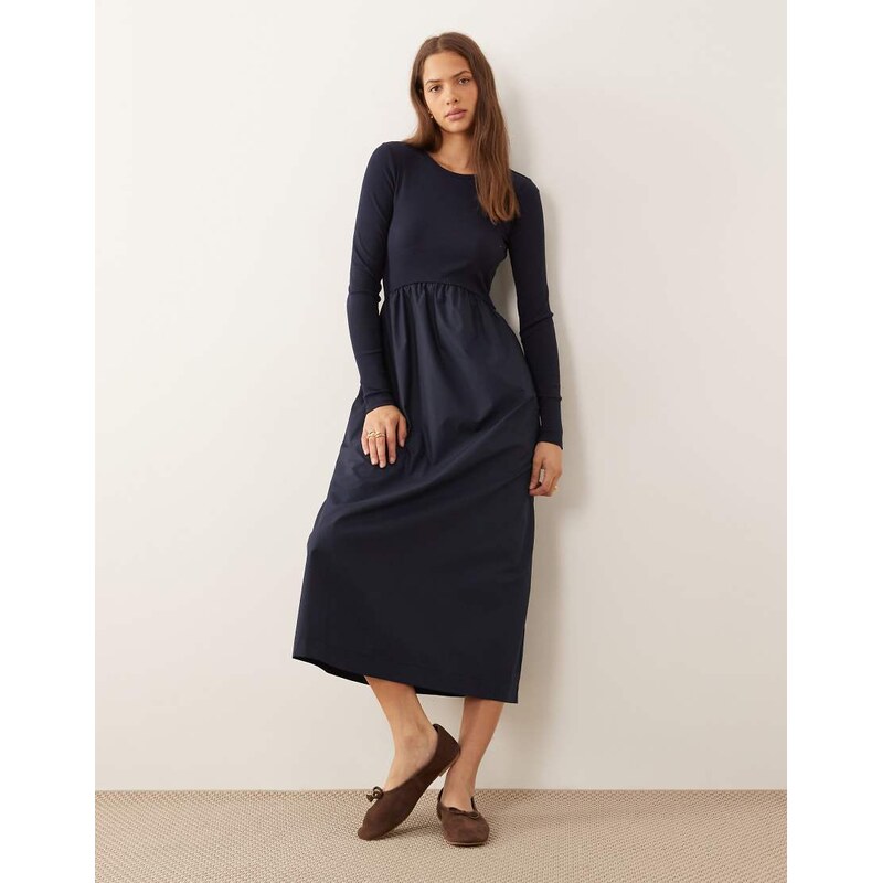 Threadbare long sleeve jersey poplin mix midi dress in navy 111338185