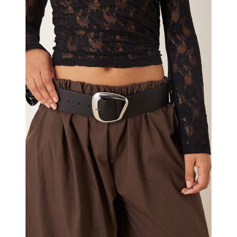 ASOS DESIGN low waist wide belt with abstract square silver buckle in 111336529