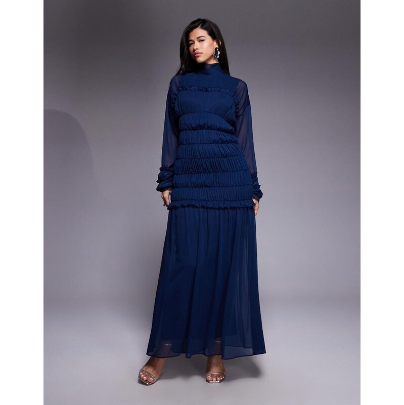 Daska chiffon high neck shirred bodice maxi dress in navy 112160158