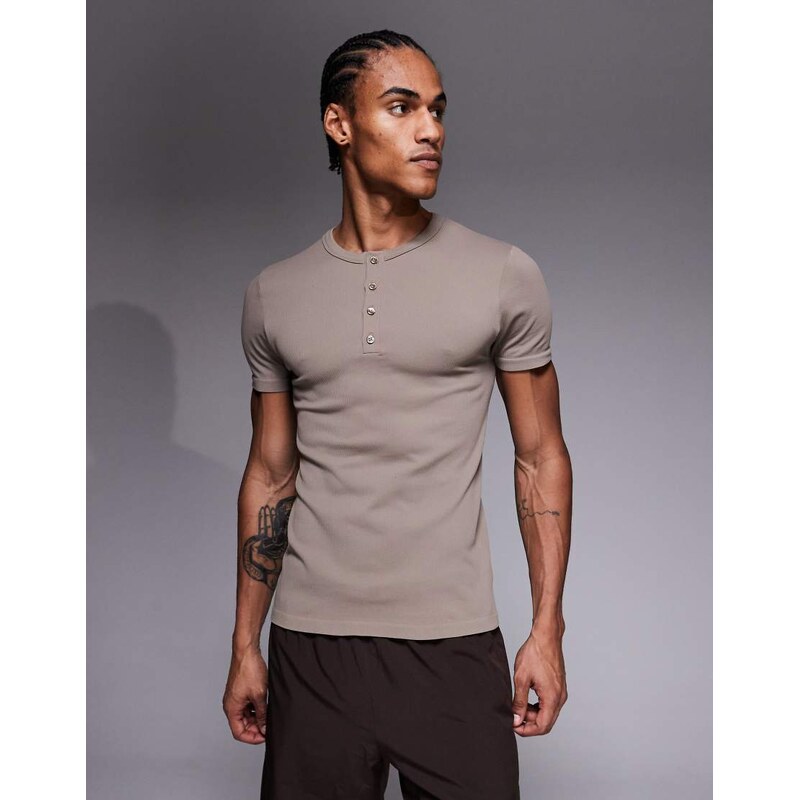 4505 seamless rib slim fit henley t-shirt in stone-Neutral