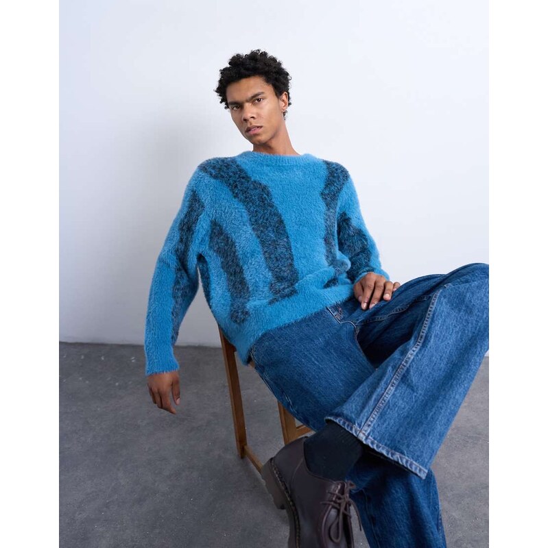 Topman relaxed fit fluffy knitted jumper with stripe design in