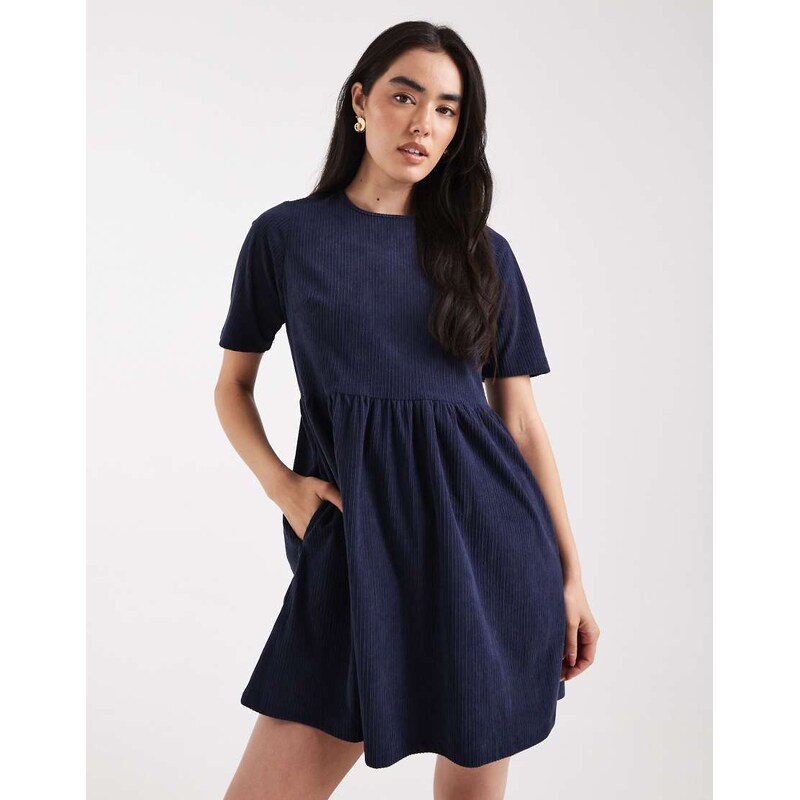 Threadbare cotton cord short sleeve mini dress in navy 113262889