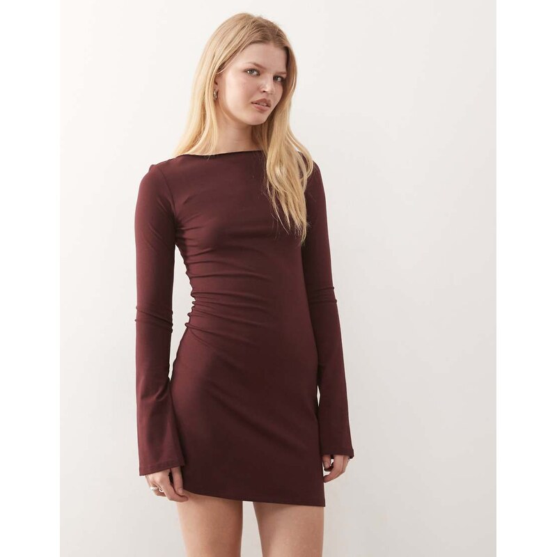 Weekday boat neck long sleeve mini dress in burgundy-Red