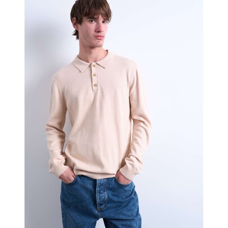 Topman essential knitted button polo in stone-Neutral