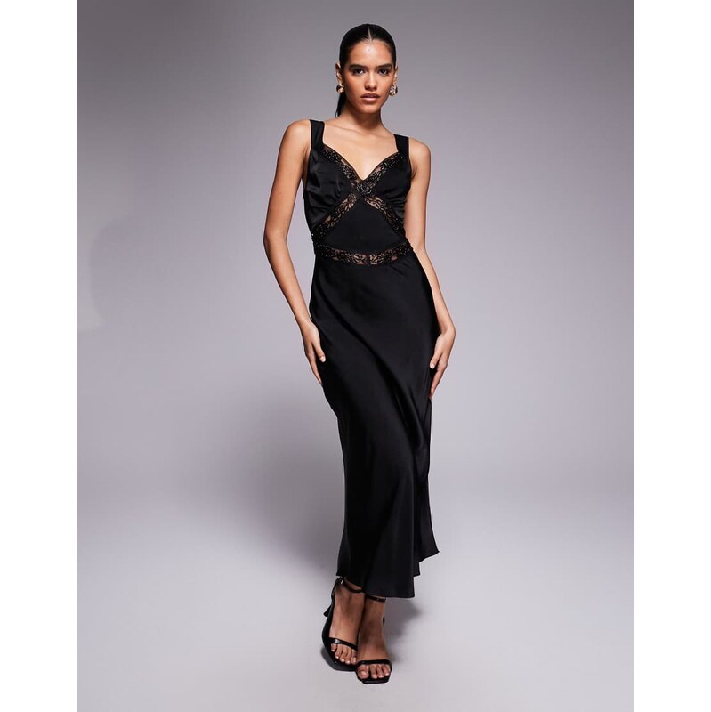 Bardot Emory matt satin embellished insert midaxi dress in black 111338182