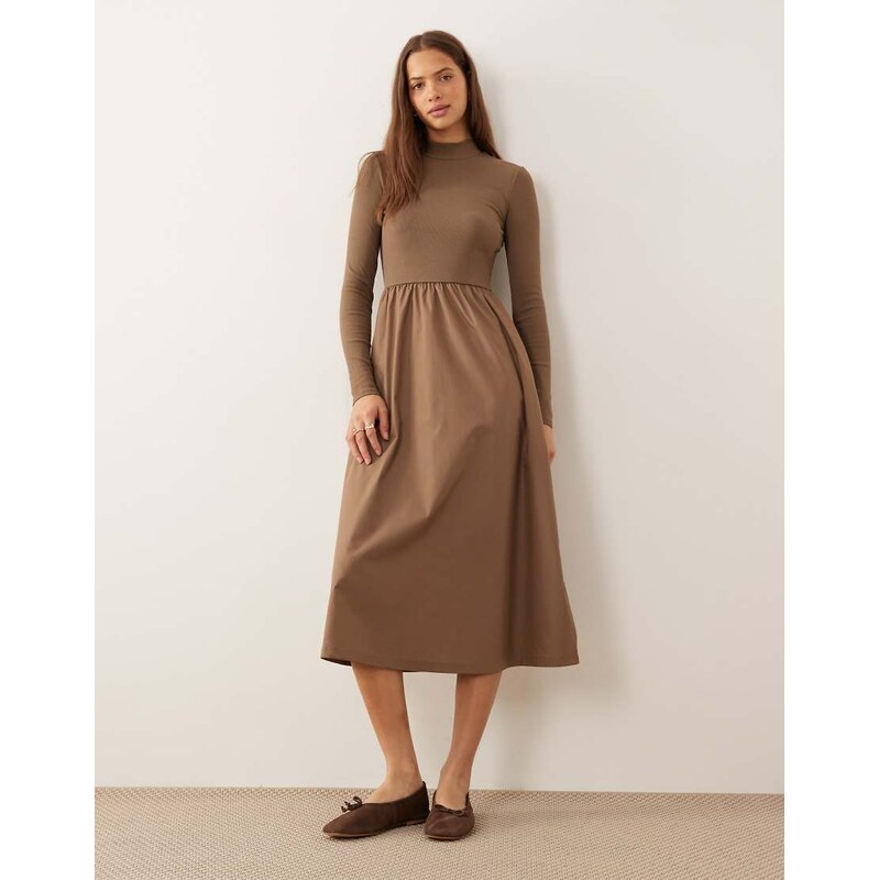 Threadbare high neck jersey poplin mix midi dress in mocha-Brown