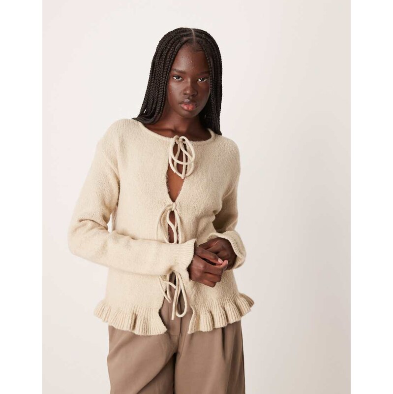 Vila tie front frill trim knitted cardigan in feather grey-Multi 111338225