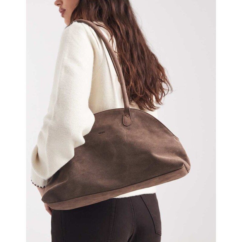 PASQ faux suede curved bowler shoulder bag in brown