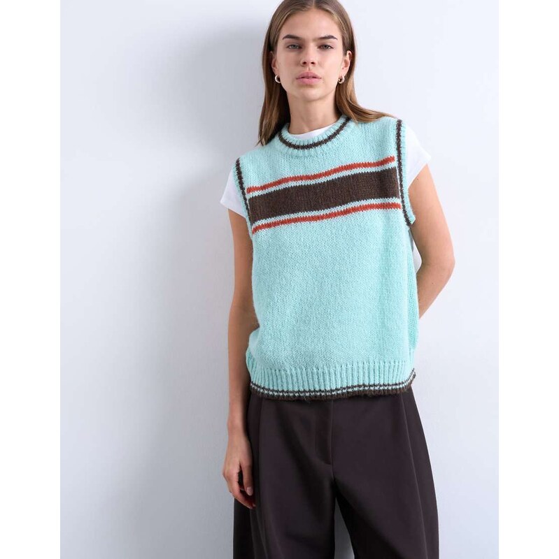 Topshop knitted vintage stripe vest in Turquoise-Blue