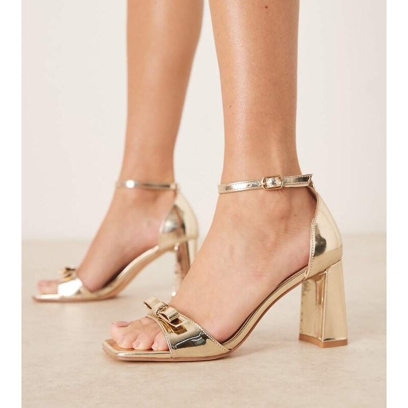 Glamorous Wide Fit block heeled sandals with bow in gold