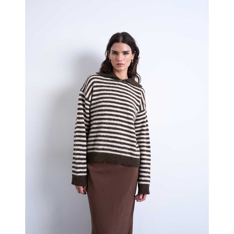 Topshop knitted stripe collared jumper in mono brown-Black