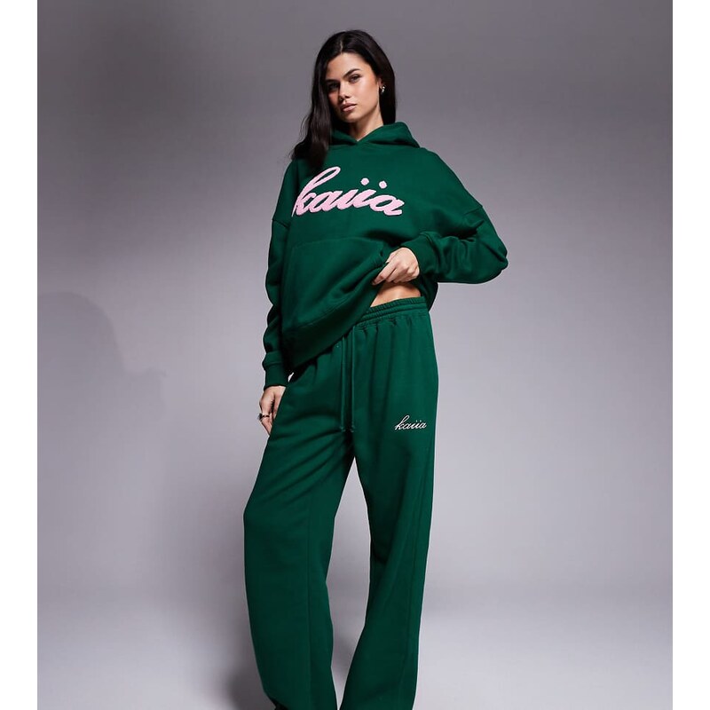 Kaiia exclusive cotton rich wide leg joggers co-ord in green and