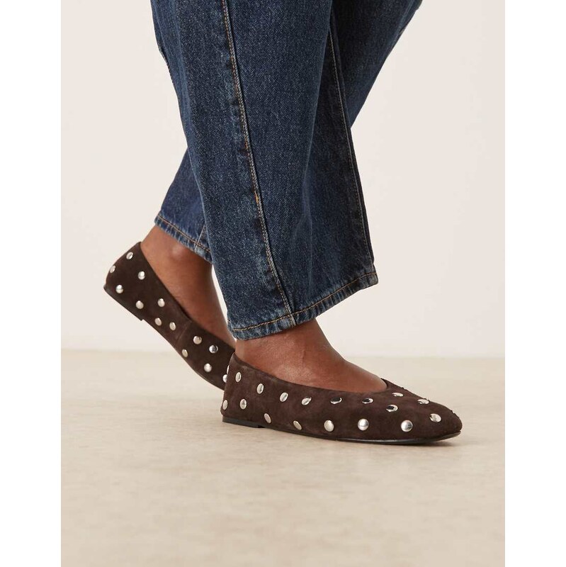 Mango 100% suede studded ballet flat in chocolate-Brown 112243088