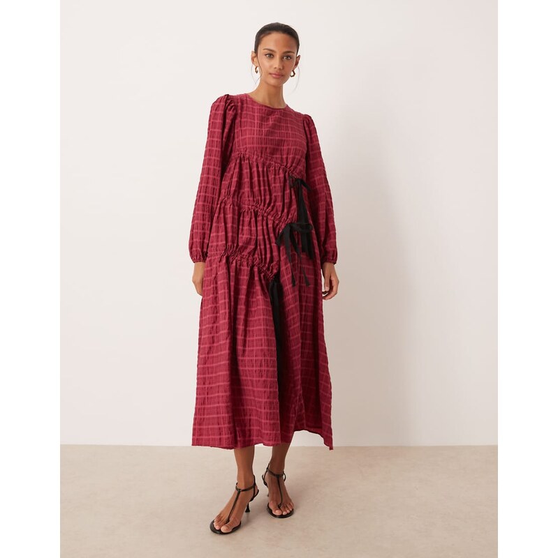 Ghospell cotton rich ruched detail midi dress in wine check print-Red 111339600