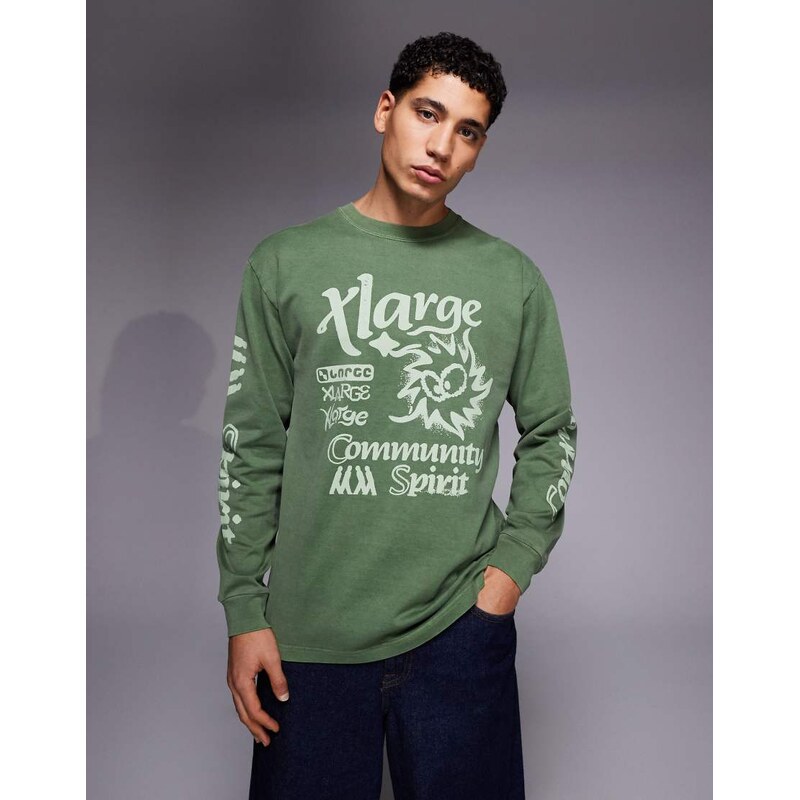 XLarge long sleeve graphic logo pigment dyed t-shirt in olive