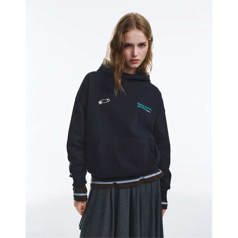 Pull&Bear Hoodie with star text in navy 111339686
